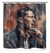 Sound Symphony themed shower curtain in bathroom setting.